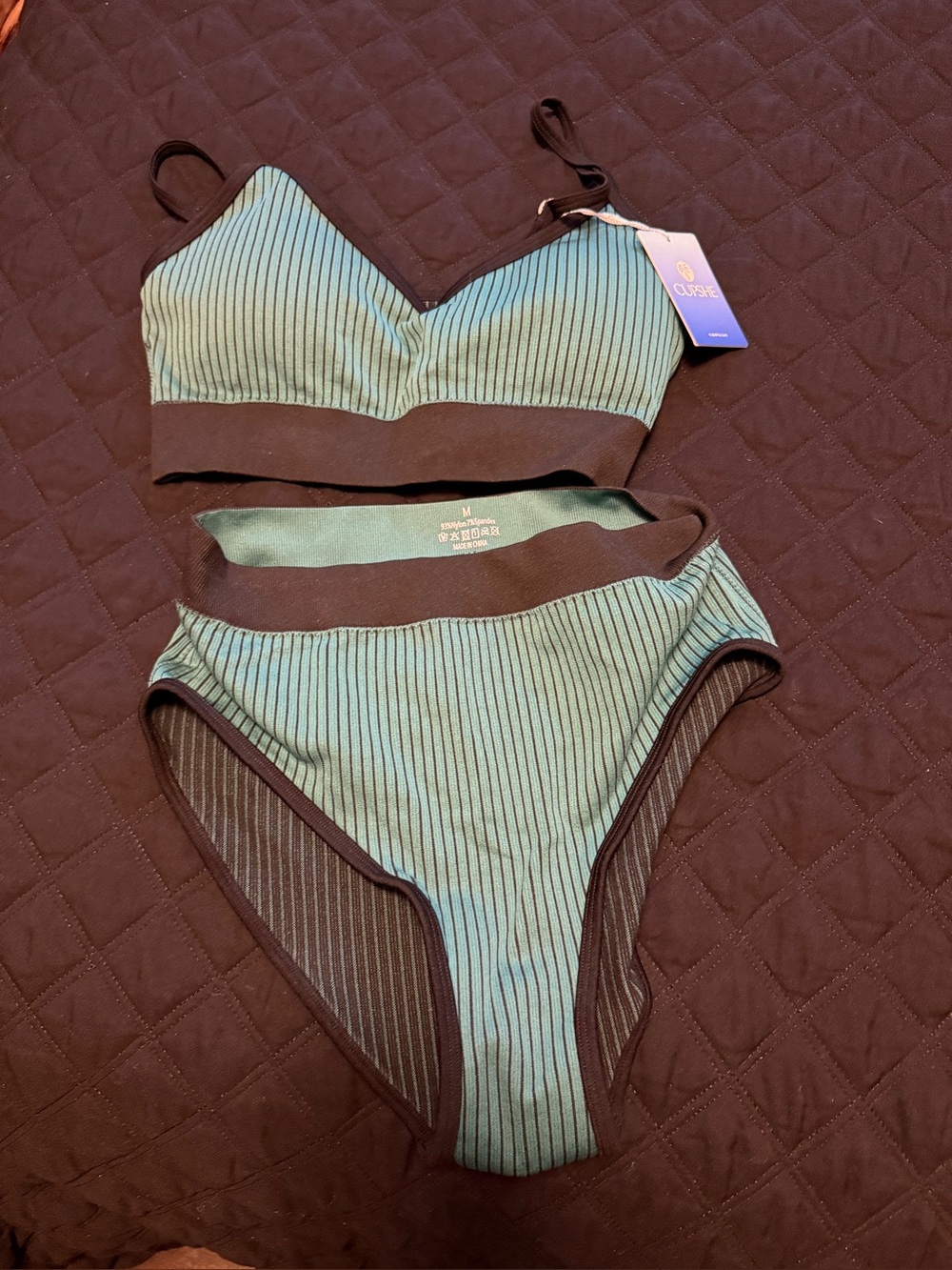 NWT - Cupshe Dark Green Ribbed High-Waist Bikini Tank Set Size Medium